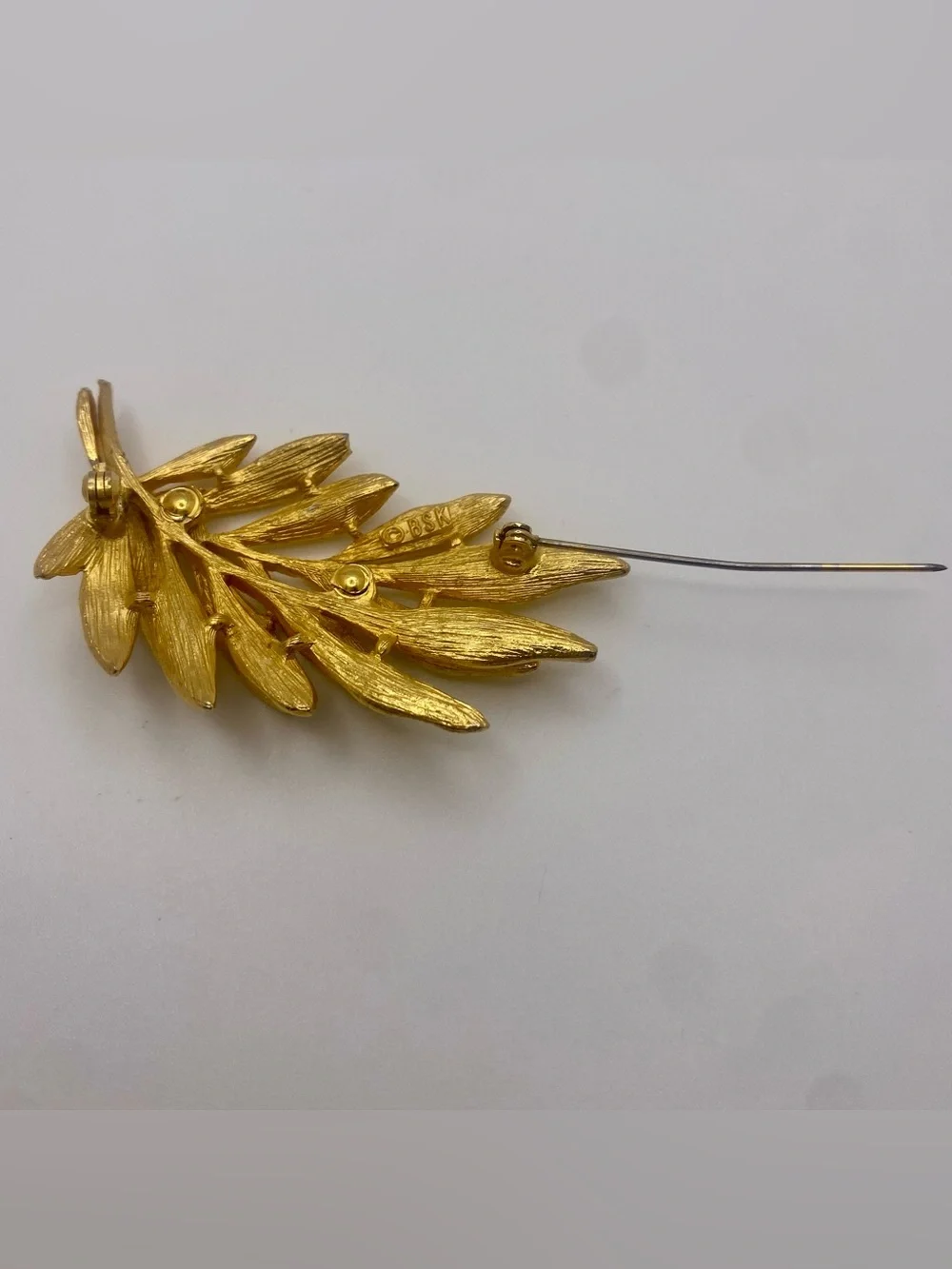 Vintage Signed BSK Textured Gold Leaf Brooch